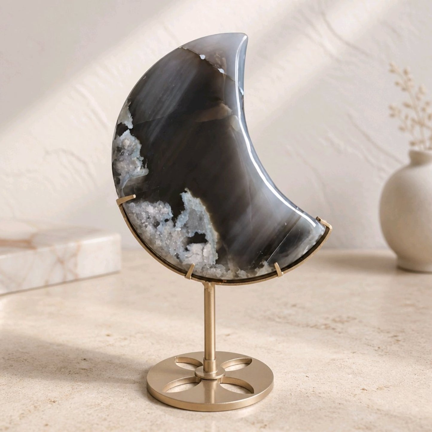 Black Flower Agate Crescent Moon