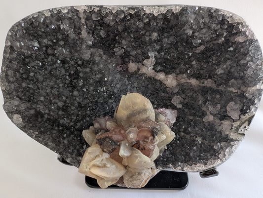 Jasper Druzy with Calcite Flower Formation on Stand