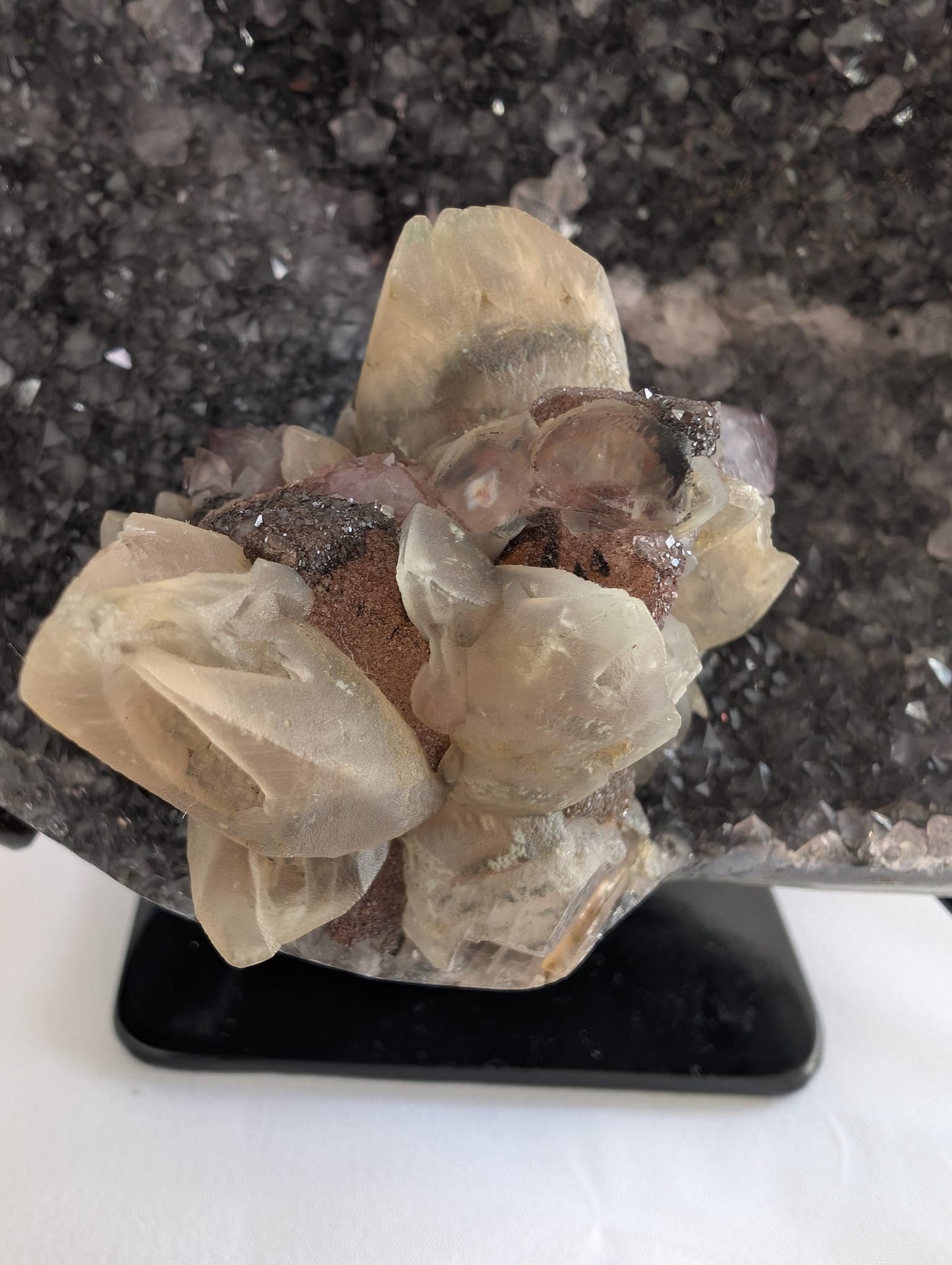 Jasper Druzy with Calcite Flower Formation on Stand