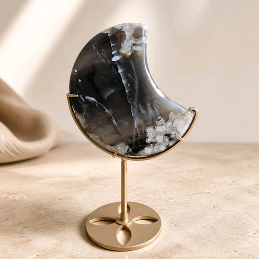 Black Flower Agate Crescent Moon