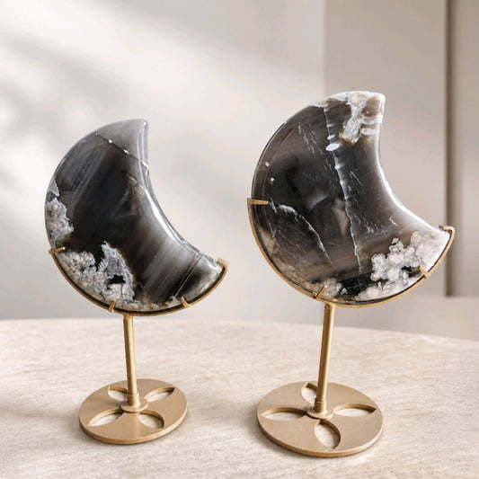 Black Flower Agate Crescent Moon