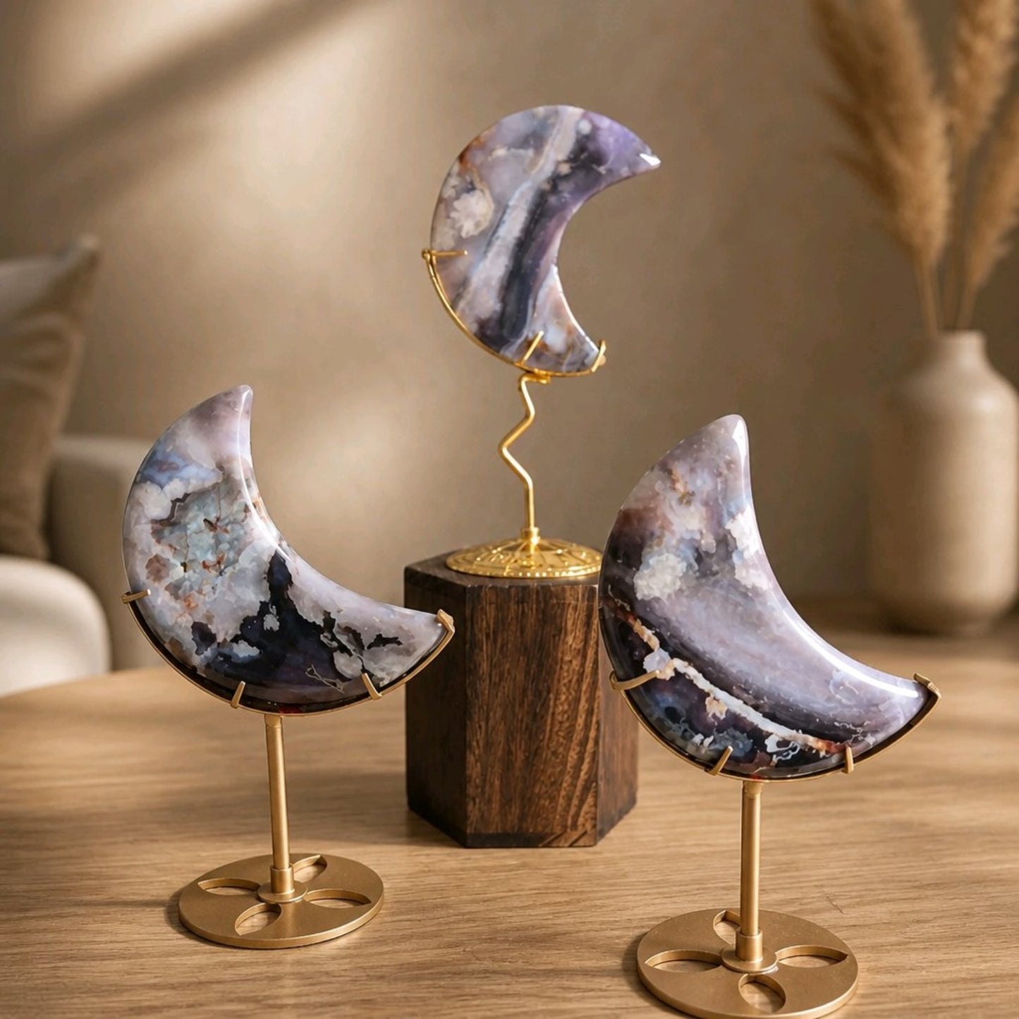 Blue Flower Agate Crescent Moon
