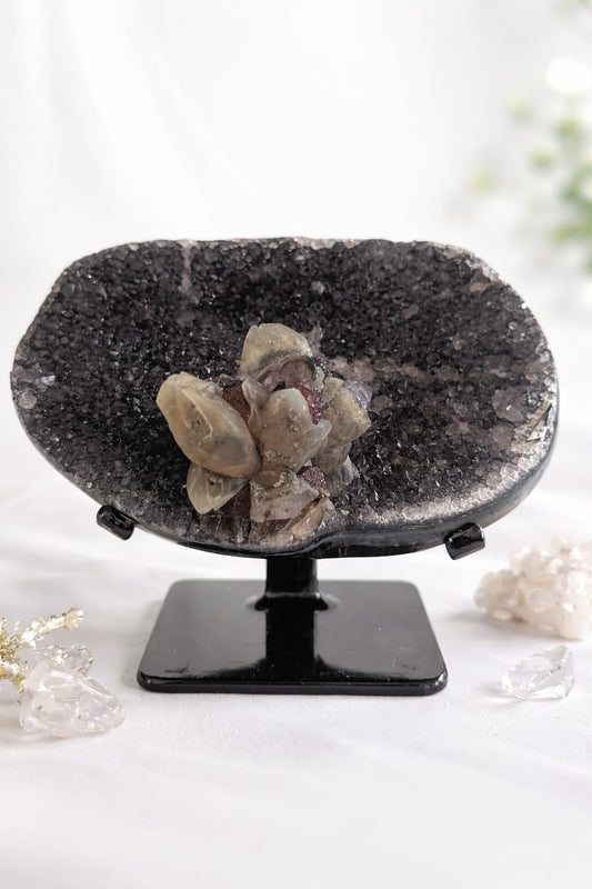 Jasper Druzy with Calcite Flower Formation on Stand