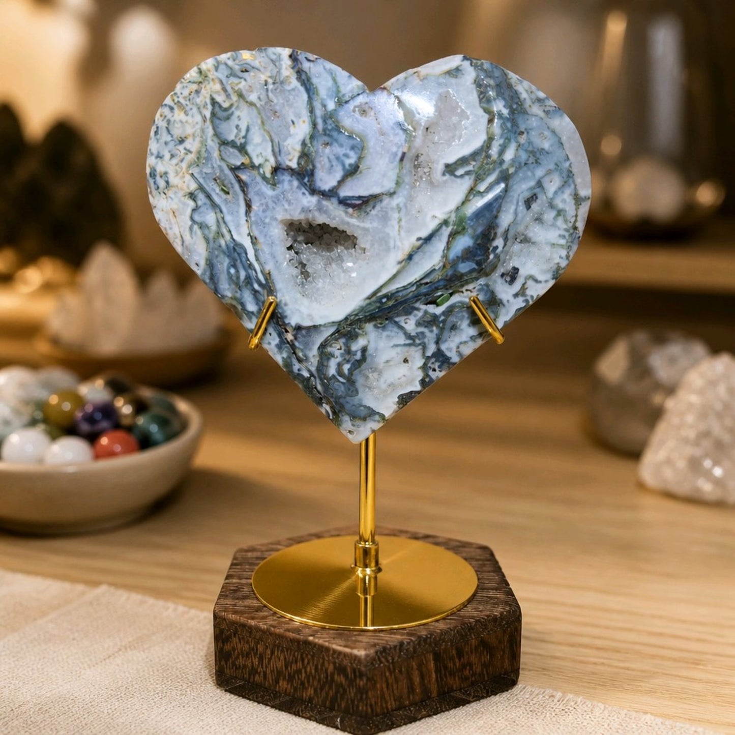 Moss Agate Druzy Heart on Display Stand