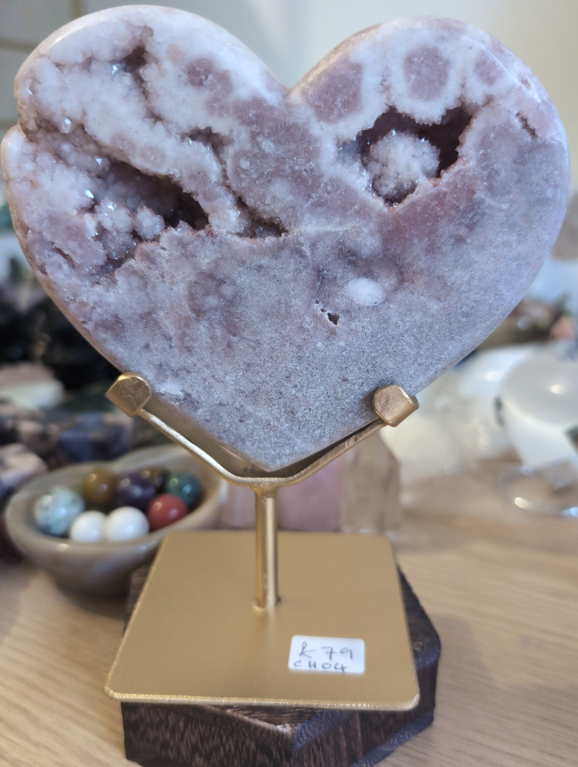 Pink Amethyst Heart on Gold Stand