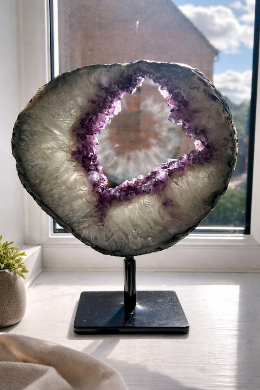 White Calcite Formation Amethyst Portal on Spinning Stand
