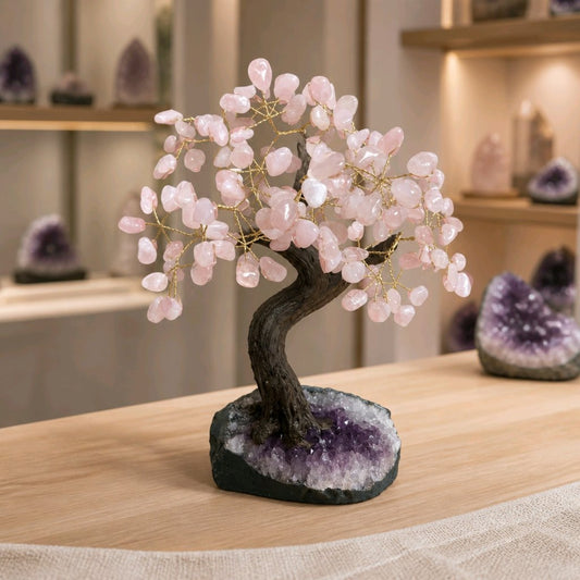 Rose Quartz Crystal Tree on Amethyst Base